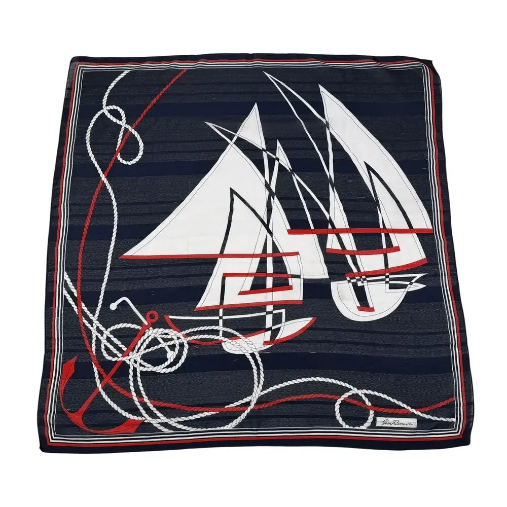 Gim Renoir Nautical Sailboat Scarf Navy Red White Vintage 1970s 80s Square